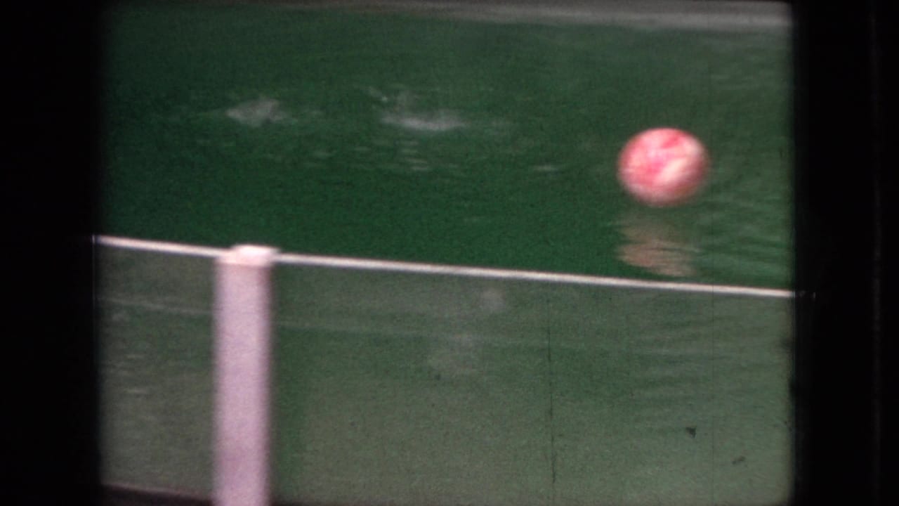 Pink ball floating above green water behind a white tank barrier.