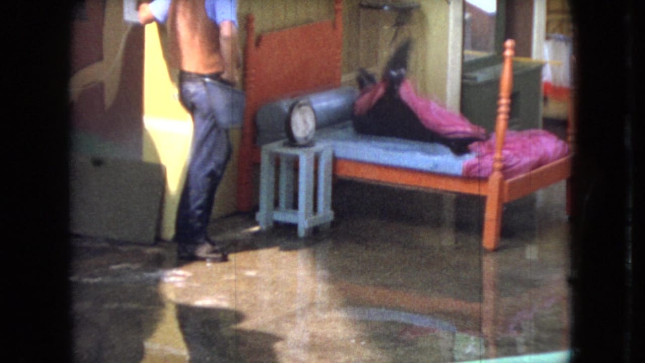 In 1966 Ohio 8mm footage, a man in western-style clothing stands beside a small bed as a seal lies under a pink blanket on a wet cement floor.