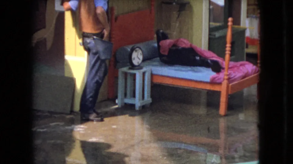The seal remains on the small bed under a pink blanket while the man stands at the left edge of the 1966 Ohio home-movie frame.