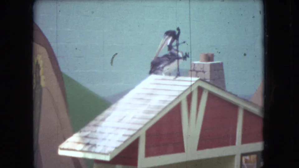 The final frame shows a small barn-like roof with a weather vane and a painted outdoor-style backdrop, likely part of the same 1966 Ohio attraction setting.