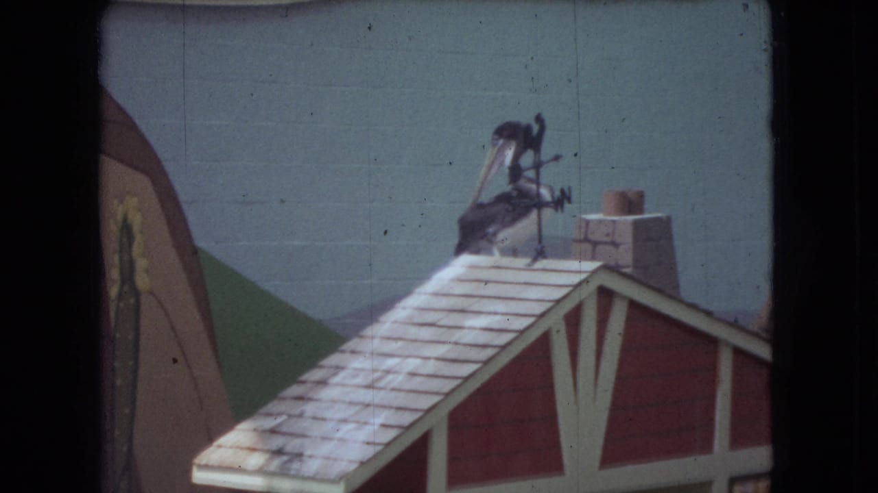 1966 Ohio home-movie frame showing a red barn-like prop roof, chimney, and pelican-shaped weather vane in a themed animal-show set.