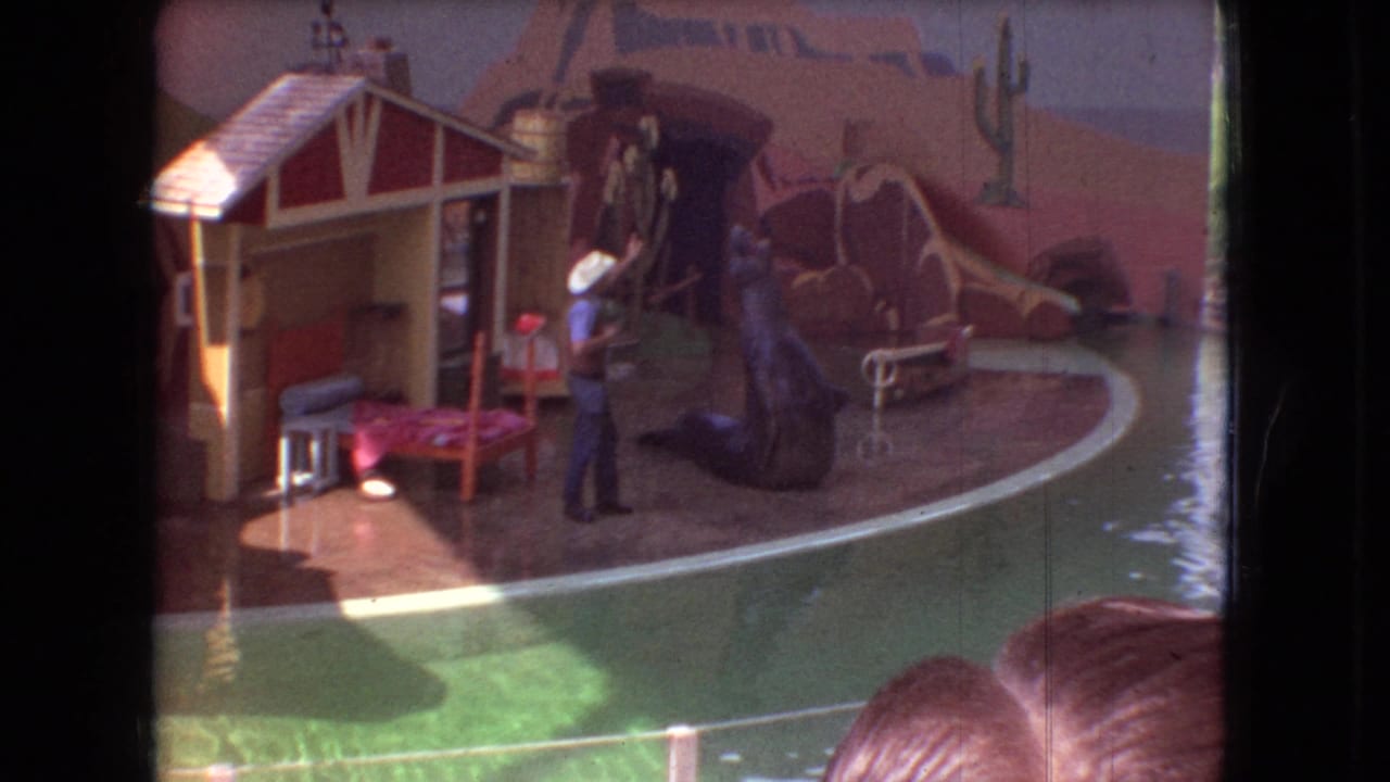 1966 Ohio 8mm frame showing a sea lion performing near a trainer in a cowboy hat on a circular stage with Western-style scenery and audience heads at the bottom edge.