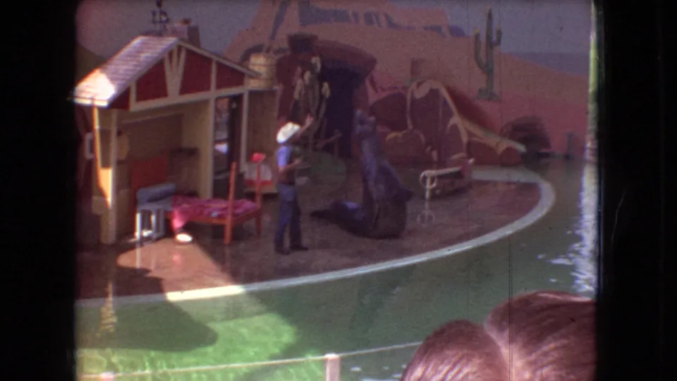 1966 Ohio 8mm frame showing a sea lion performing near a trainer in a cowboy hat on a circular stage with Western-style scenery and audience heads at the bottom edge.