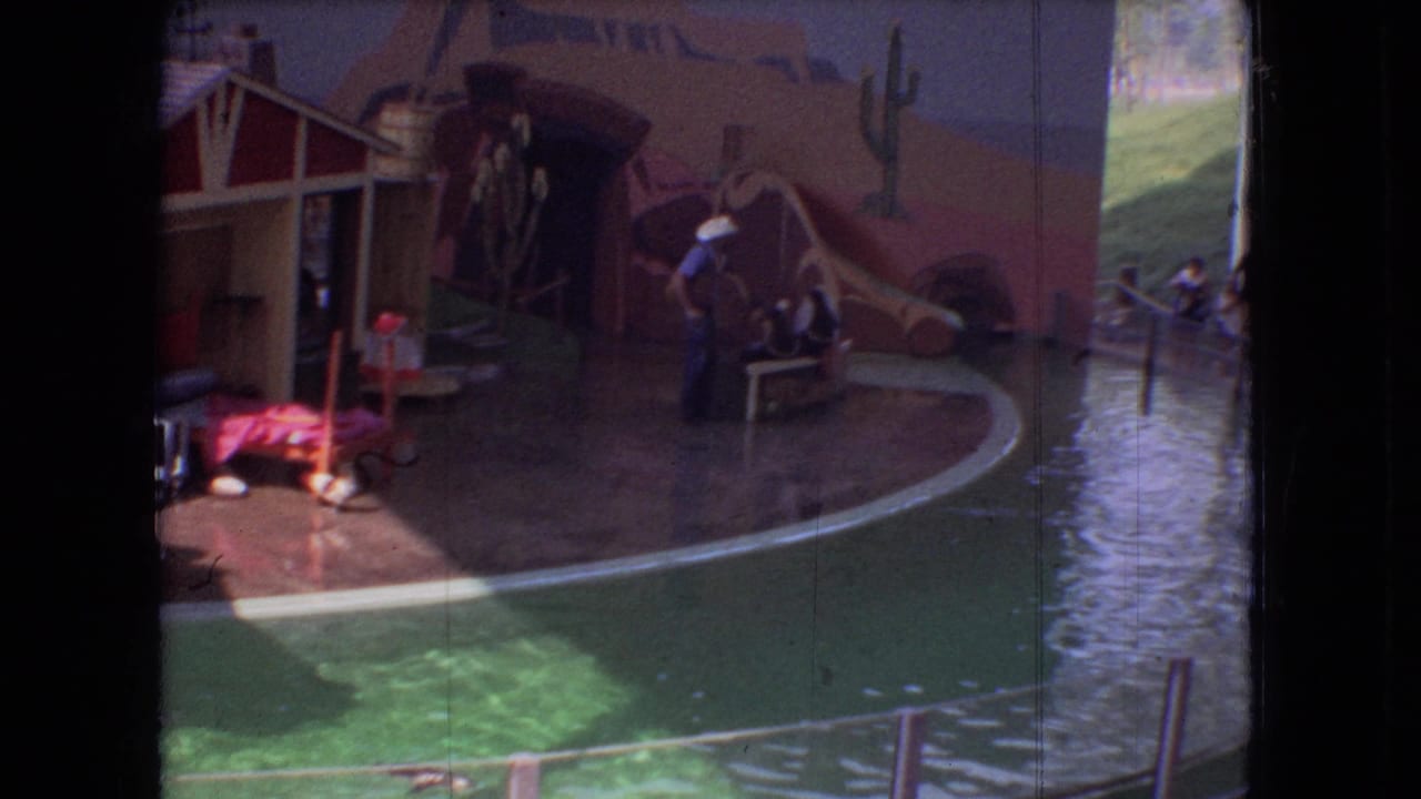 1966 Ohio 8mm frame showing a wide visitor view of a themed animal-show set with a cowboy-hatted presenter, penguins, painted desert scenery, and a green-tinted pool.