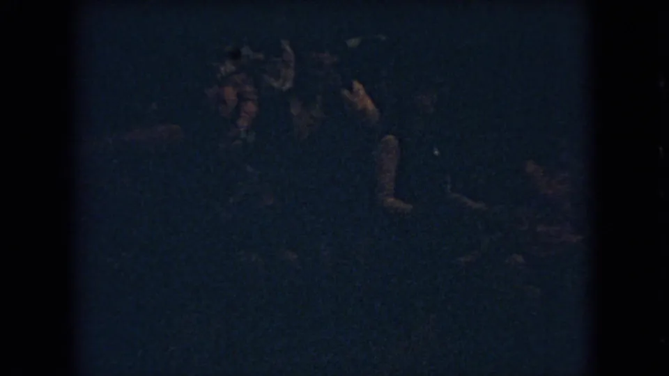 In metadata-supported 1966 Ohio footage, shadowed spectators stand near a dimly lit basketball game with only faces and hands faintly visible.