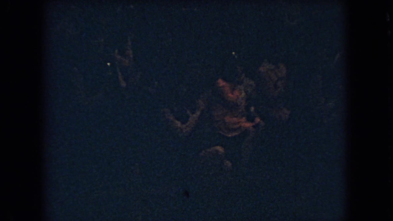 A dark 8mm frame shows several indistinct people near the basketball play area, with reddish artificial-light highlights catching faces or hands.