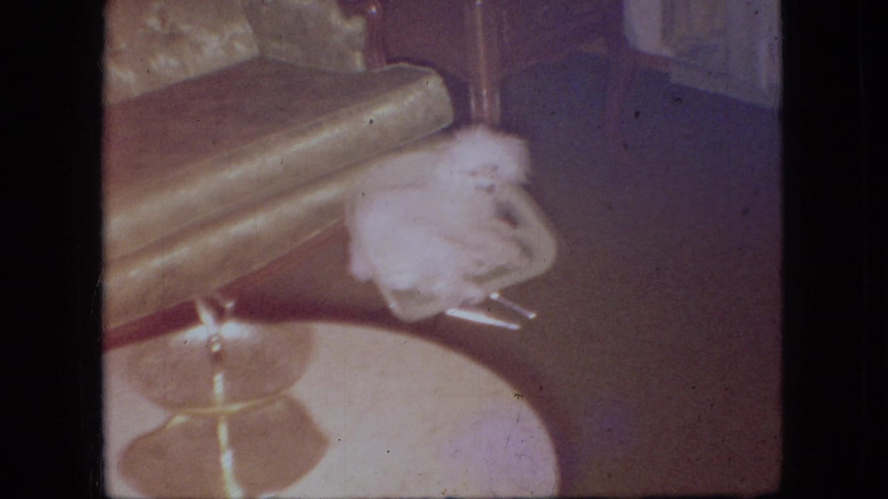 In this 1966 Ohio home-movie frame, a fluffy white puppy sits or shifts on a green upholstered chair near a round table under warm indoor light.