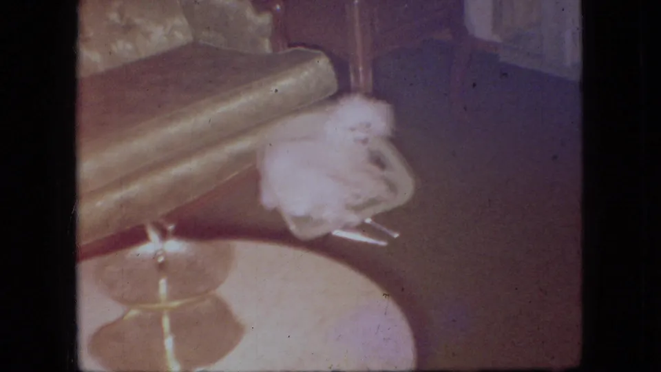In this 1966 Ohio home-movie frame, a fluffy white puppy sits or shifts on a green upholstered chair near a round table under warm indoor light.