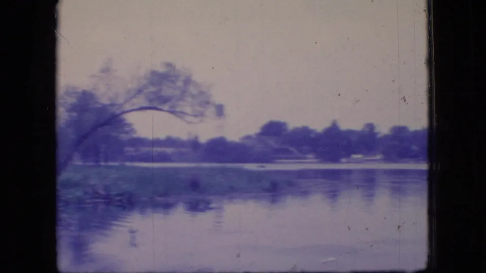 1966 Ohio 8mm frame looking across calm lake water toward a distant treeline, with a blurred tree and shoreline vegetation in the foreground.