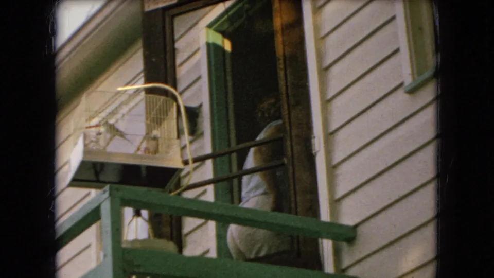 1966 Ohio home-movie frame showing an adult woman in a light dress stepping through an open back doorway behind green porch railings.
