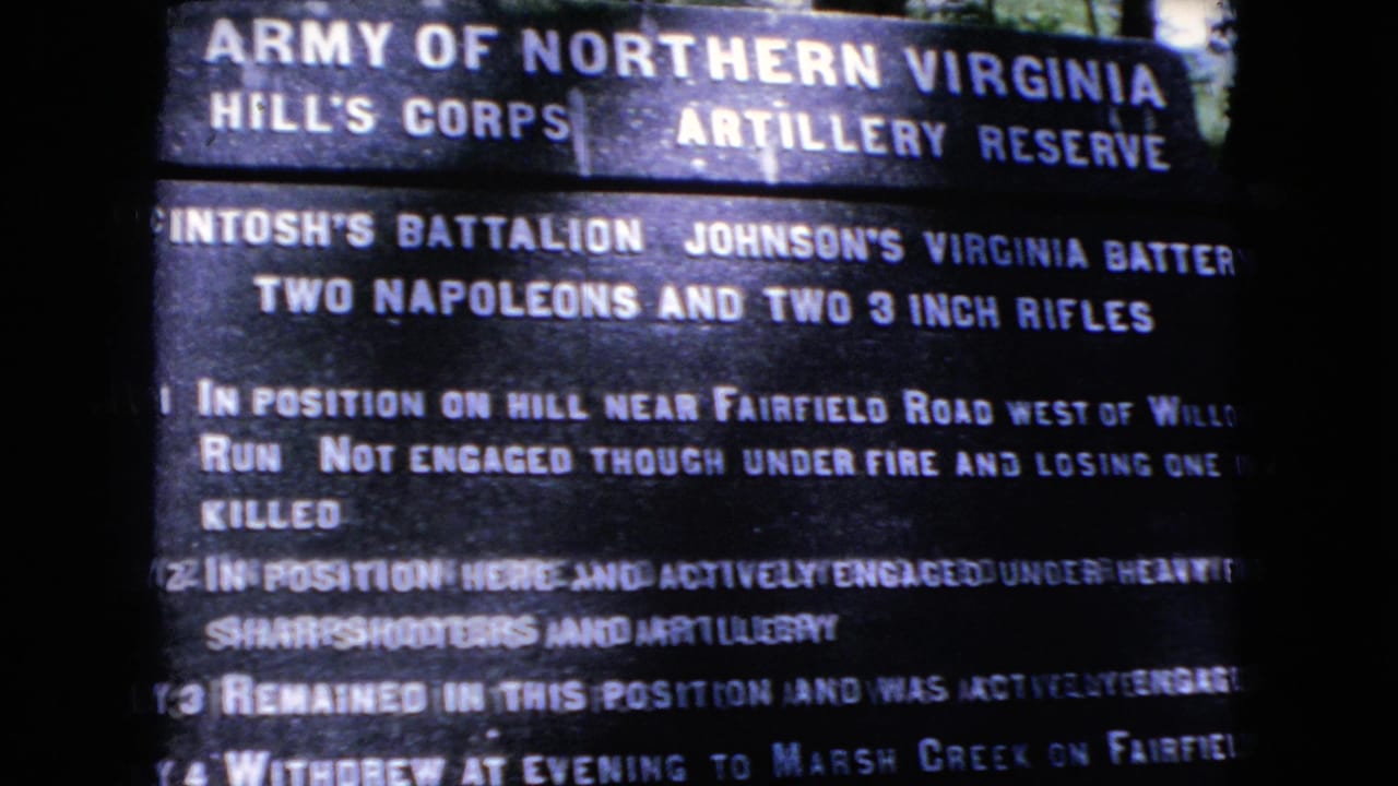 1966 8mm close-up of a Civil War battlefield marker describing the Army of Northern Virginia, Hill's Corps, McIntosh's Battalion, and artillery positions.