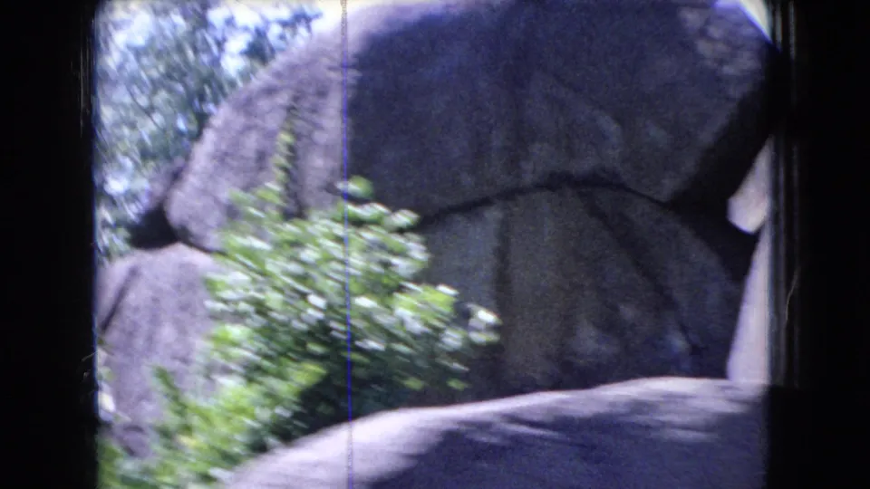 1966 Ohio 8mm frame showing a large gray rock outcrop, leafy brush, and a dark car-window edge during a moving roadside view.