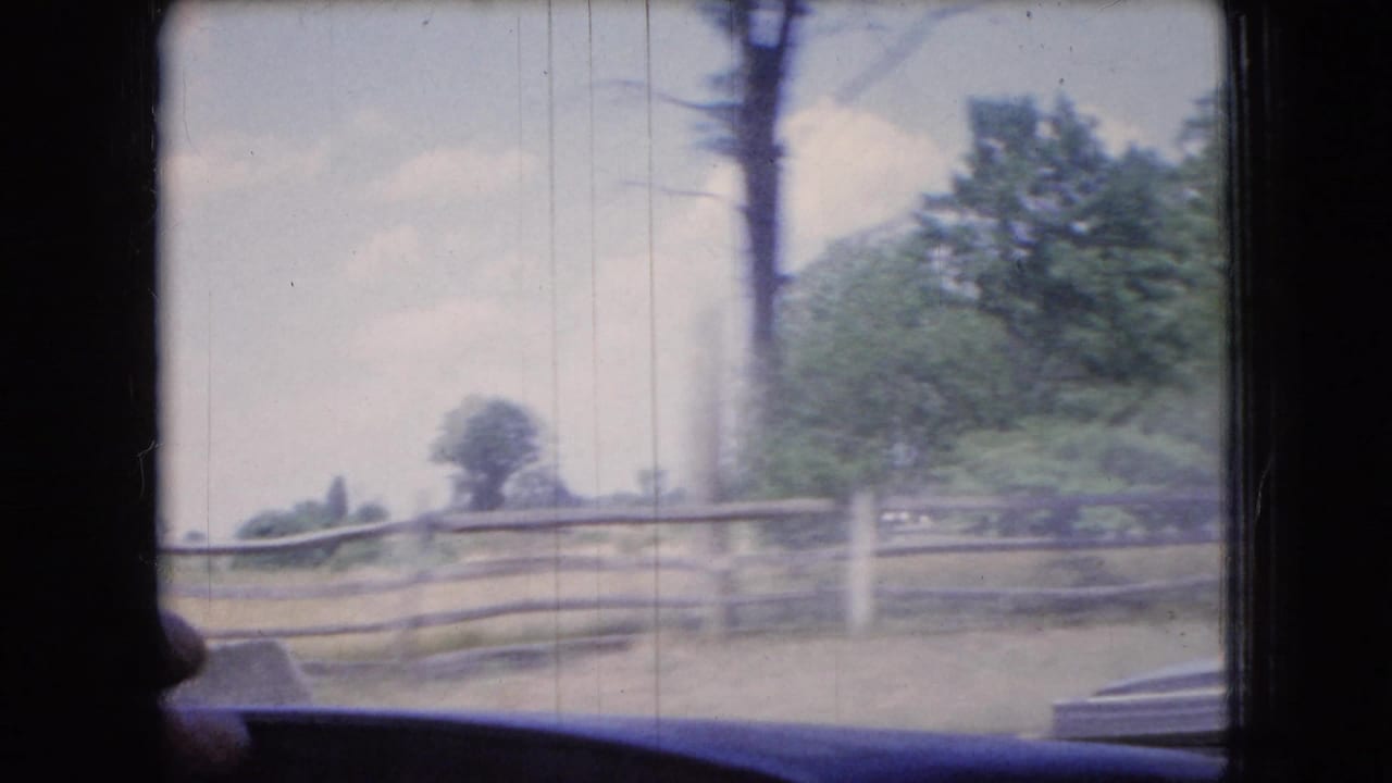 1966 Ohio 8mm home-movie frame from inside a moving car, showing wooden fencing, roadside trees, grass, pale sky, window framing, and a dark dashboard edge.