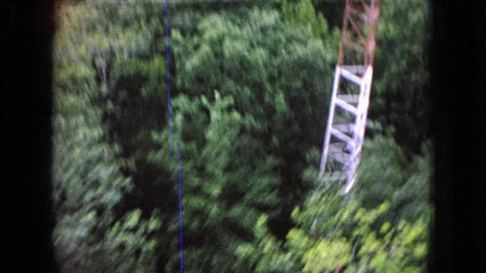 Motion-blurred 1966 Ohio 8mm frame showing dense green treetops and a pale ladder-like tower section or truss passing through the view.