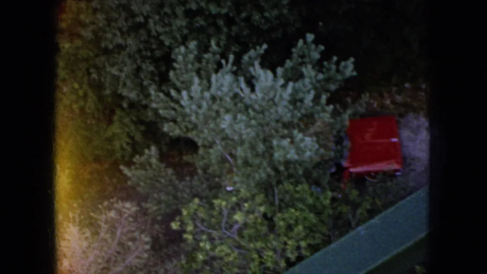 1966 Ohio 8mm frame looking down over dense green treetops, with a red object partly obscured by foliage and dark window-frame borders.