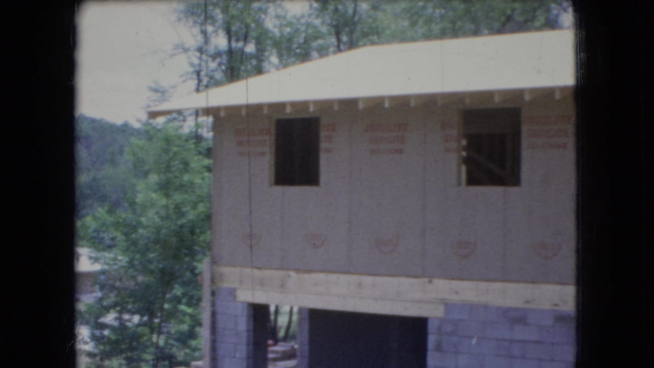 Partially built house with sheathed walls, open windows, roof edge, and wooded background.