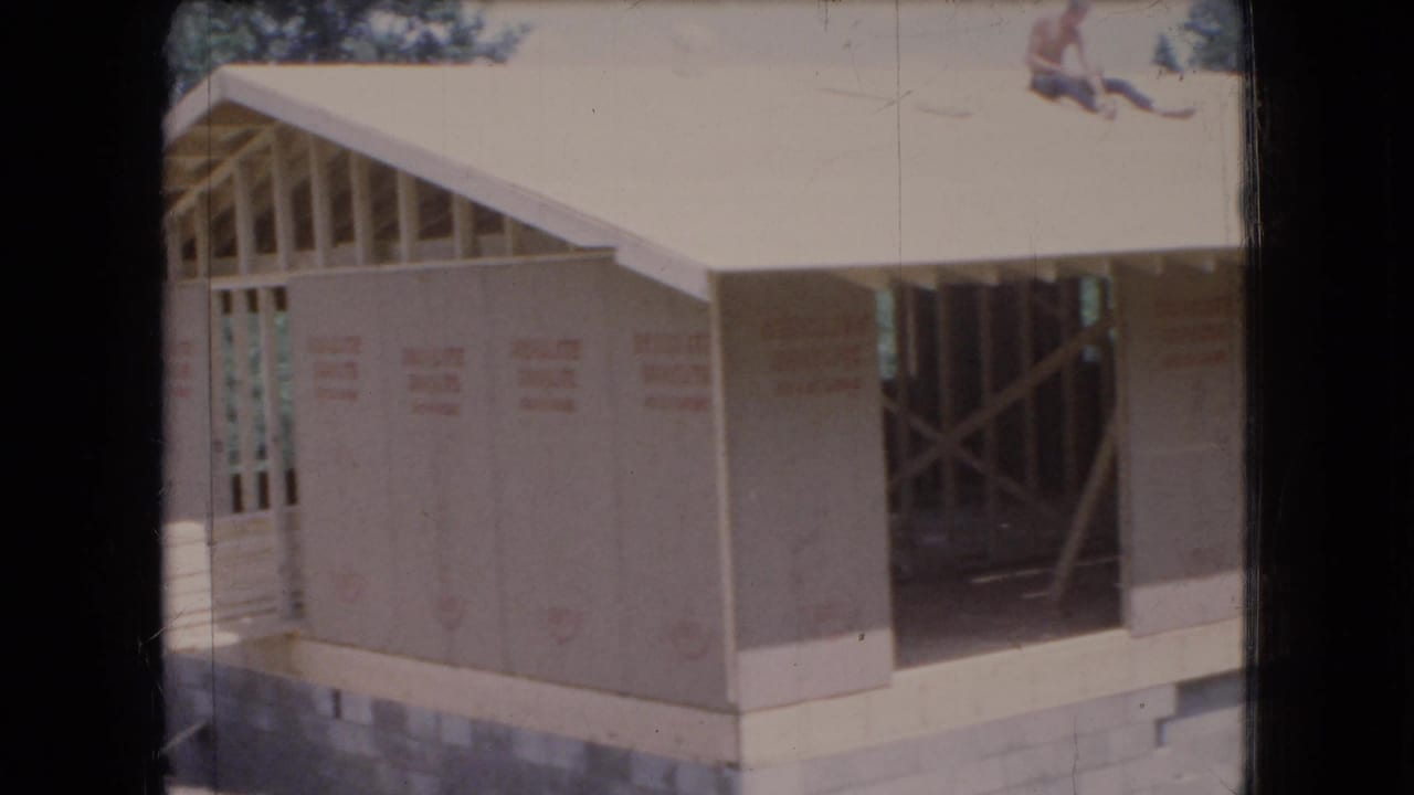 Partially sheathed house with open framing, roof edge, concrete block foundation, and trees behind it.