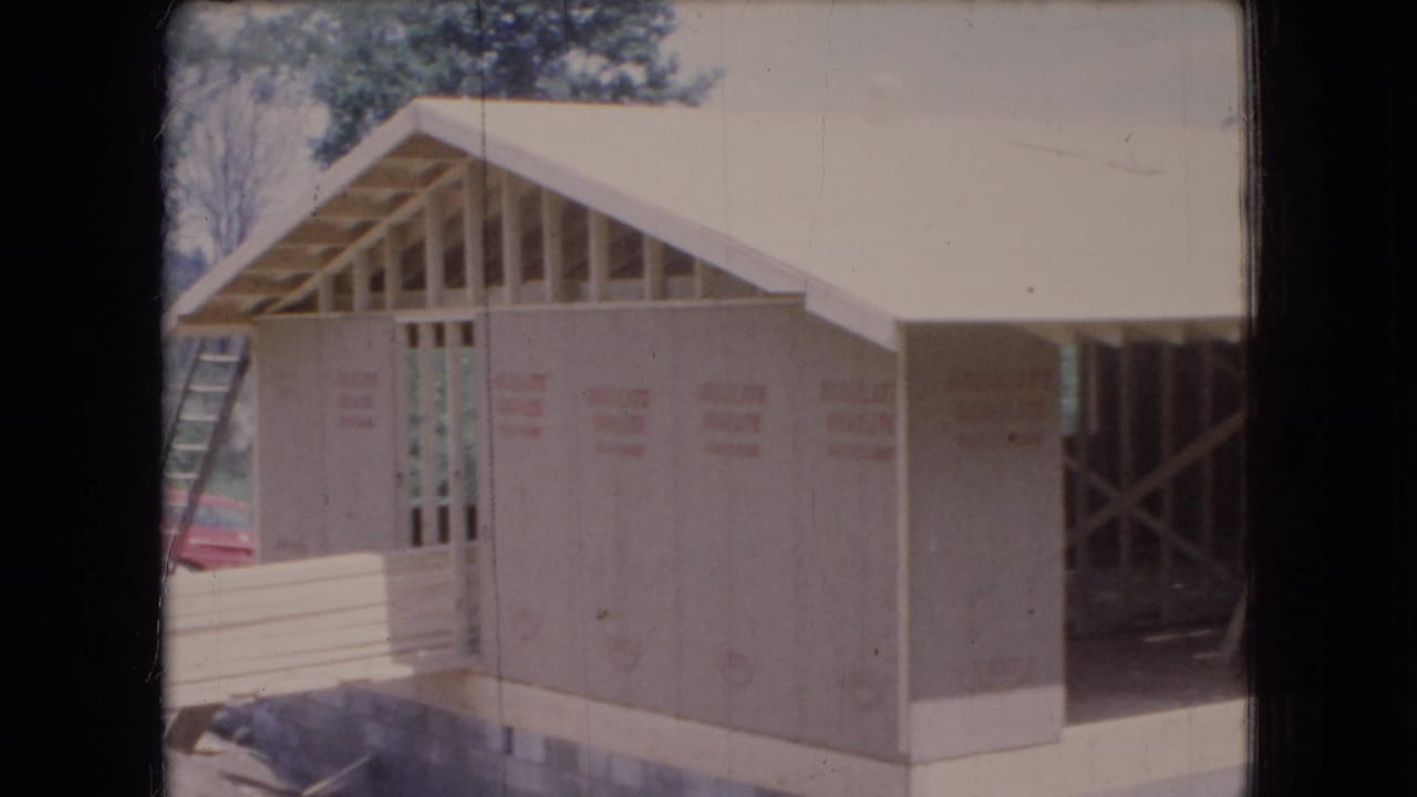 Garage frame with open gable, ladder, and exterior sheathing.