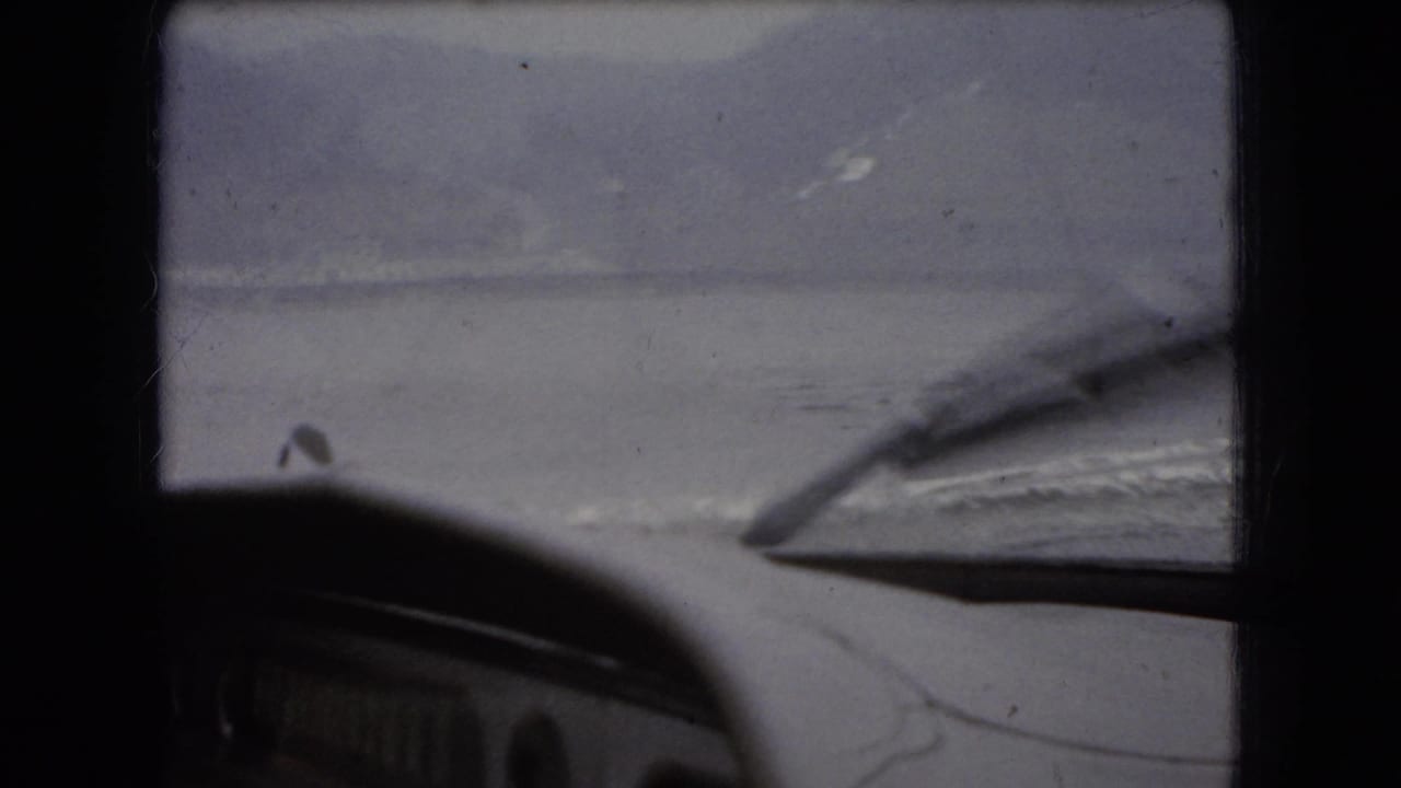 Car hood and windshield wiper seen against a gray water horizon through the windshield.