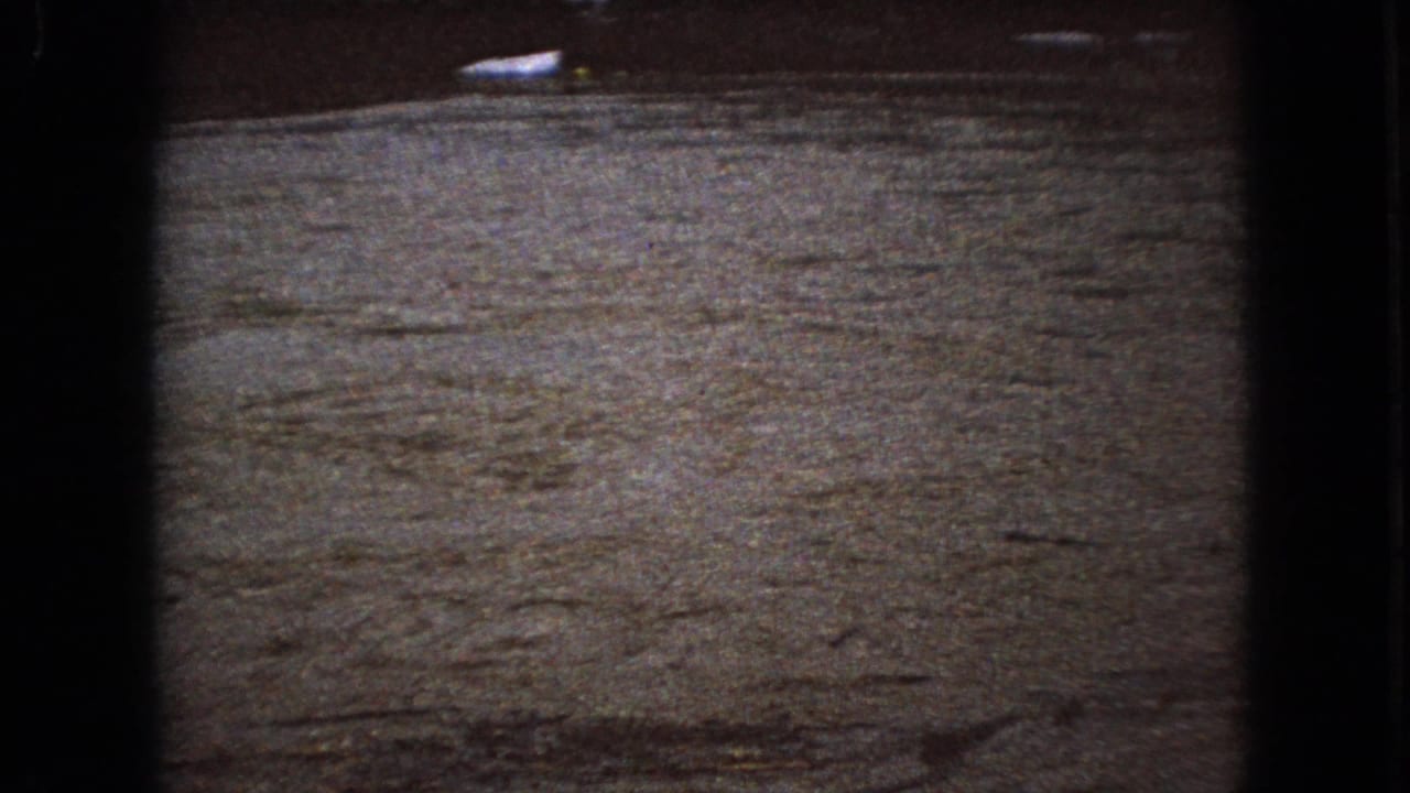 Dim water surface with ripples and a small pale reflection near the top.
