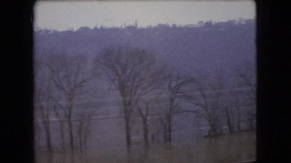 Ohio hillside and bare roadside trees filmed from a moving vehicle in faded 8mm color, with no people or buildings clearly identifiable.