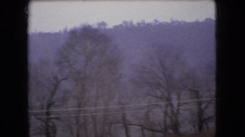 Moving-car view of leafless trees against a wooded Ohio hillside, with horizontal motion blur and aged 8mm color shift.