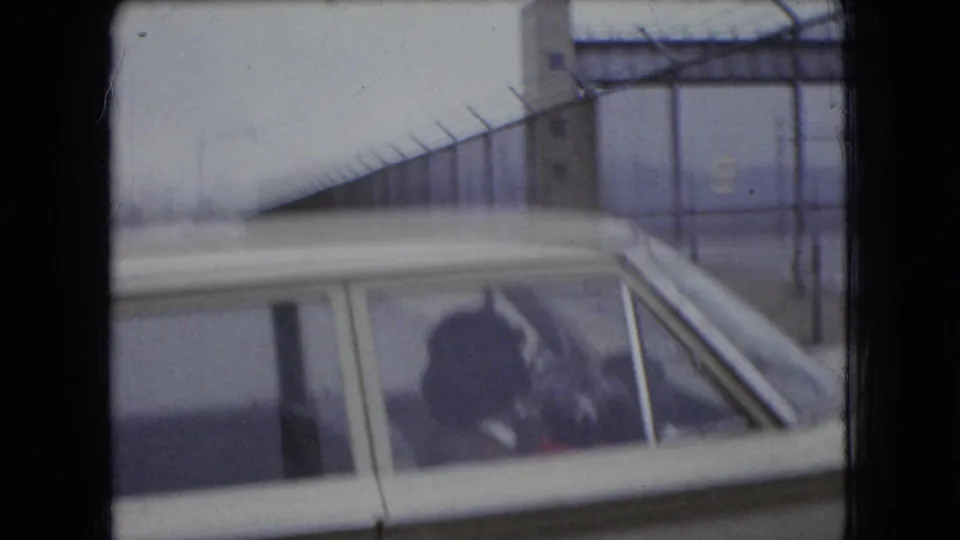 A person sits inside the pale station wagon while a small fluffy dog is visible through reflective side glass in this 1966 Ohio home-movie frame.
