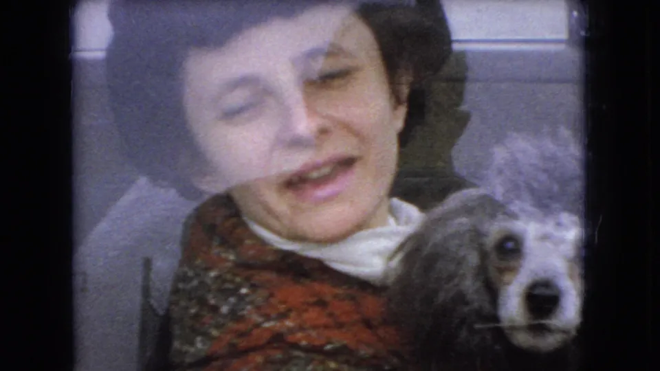 The woman smiles or speaks beside a poodle-like dog inside the car, with reflections across the glass softening the 1966 Ohio home-movie frame.