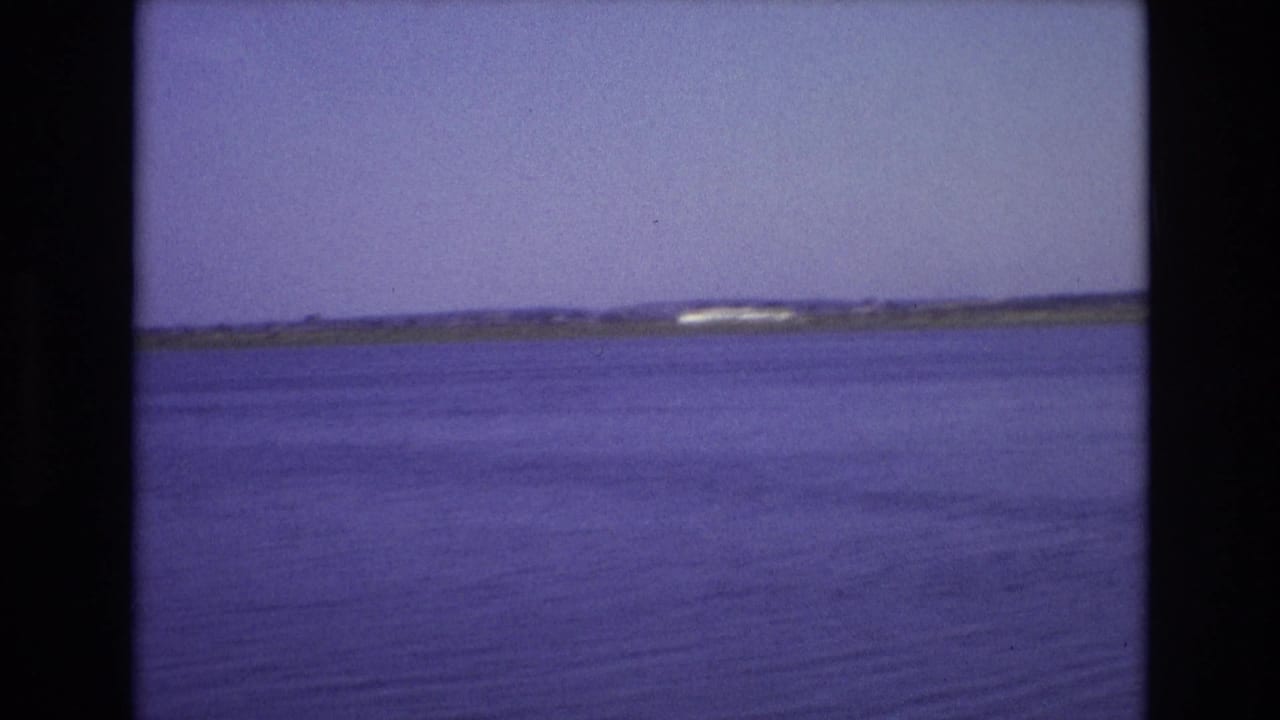 Calm blue water with a distant low shoreline beneath a pale sky.