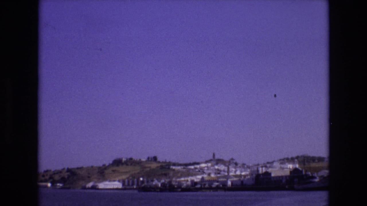 Distant waterfront town with hillside buildings and boats viewed from offshore.