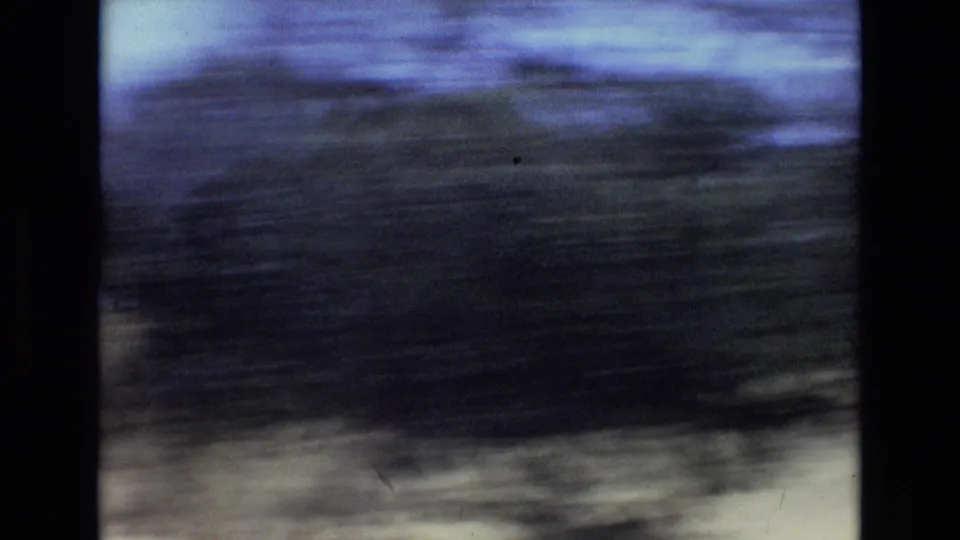 Motion-blurred 8mm frame from a moving vehicle, showing dark trees streaking across dry ground in rural Portugal footage.