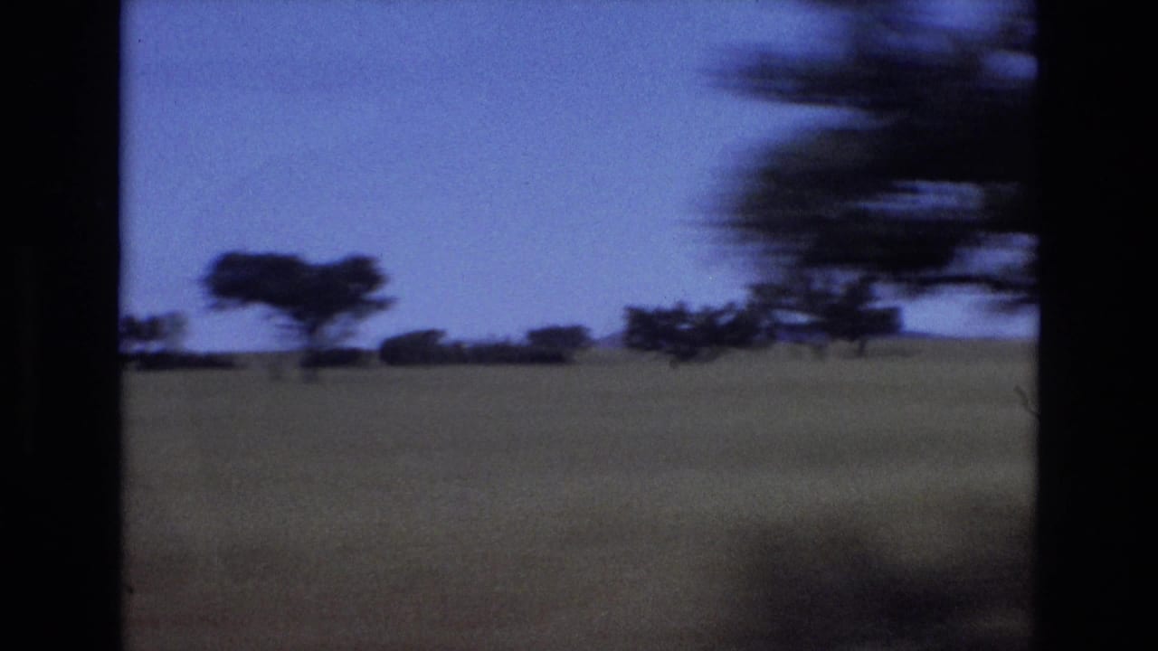 1972 Portugal home-movie frame showing a wide rural plain with scattered trees and strong motion blur from a moving viewpoint.