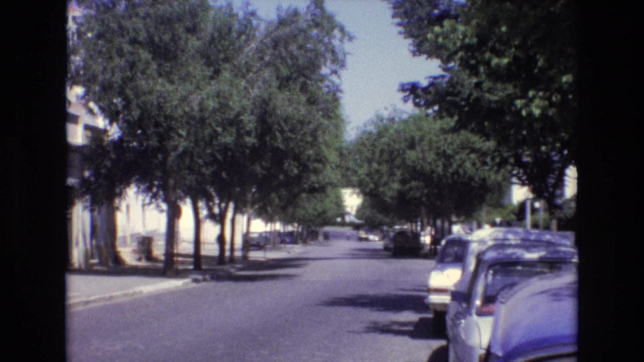 1972 Portugal 8mm frame showing a quiet tree-lined street with parked classic cars, white building facades, and strong daylight on the road.