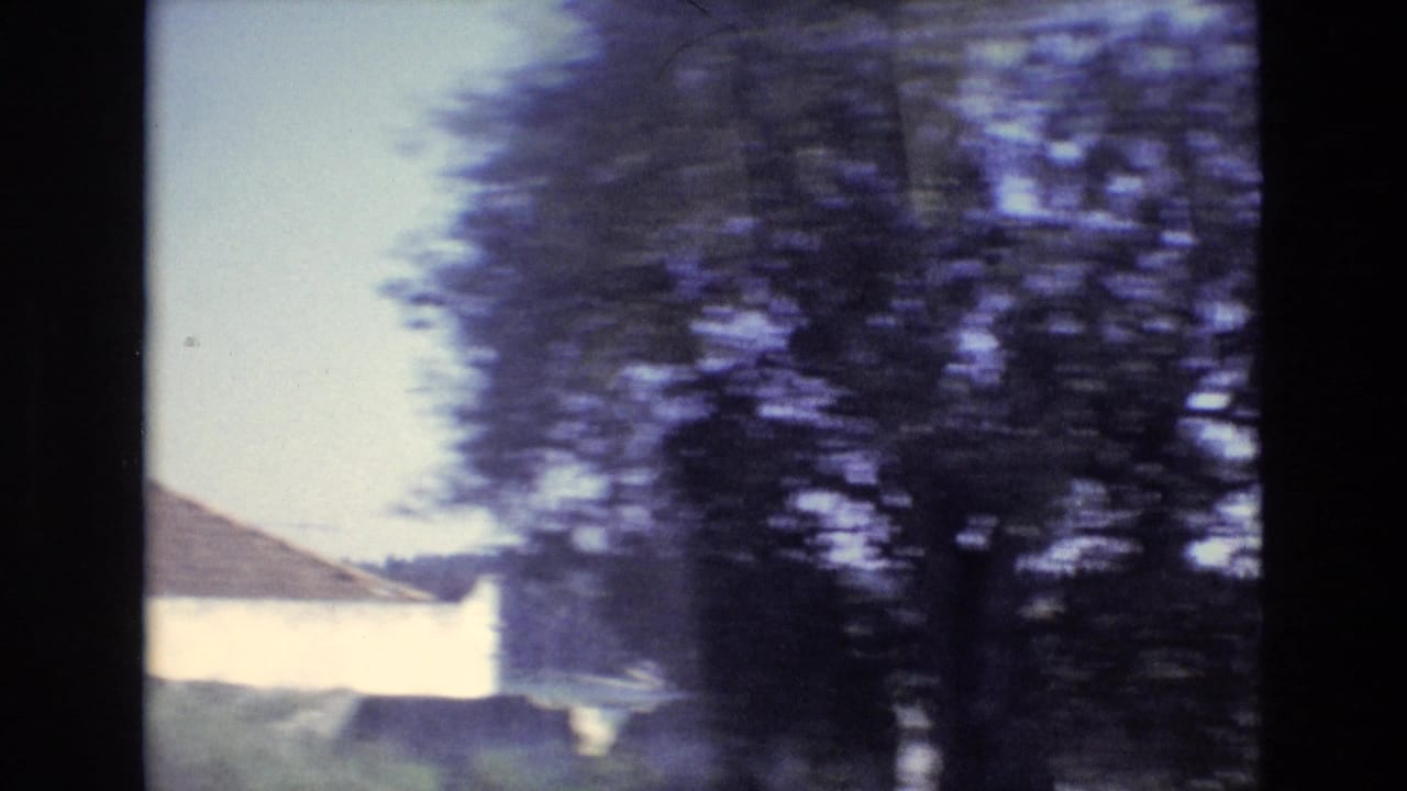 1972 Portugal home-movie frame showing blurred roadside trees, a pale sky, and part of a white rural building viewed from a moving vehicle.