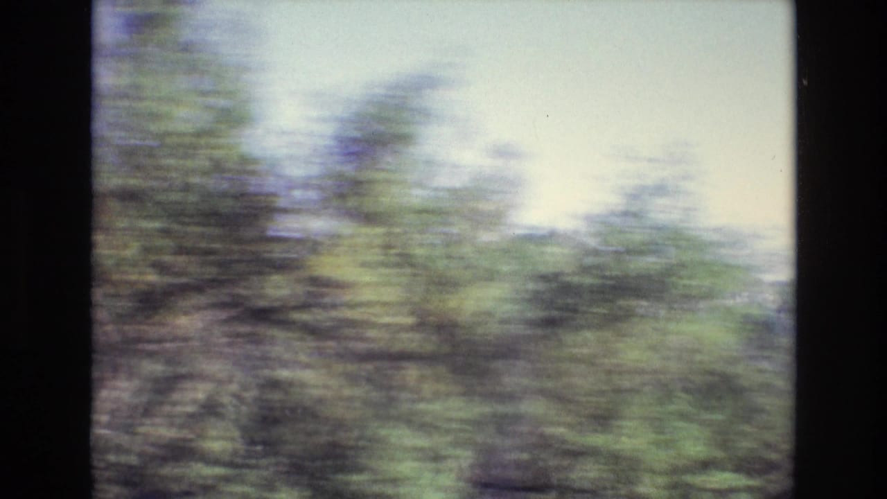 Portugal 1972 home-movie frame with blurred roadside trees and green landscape passing the camera during a countryside drive.