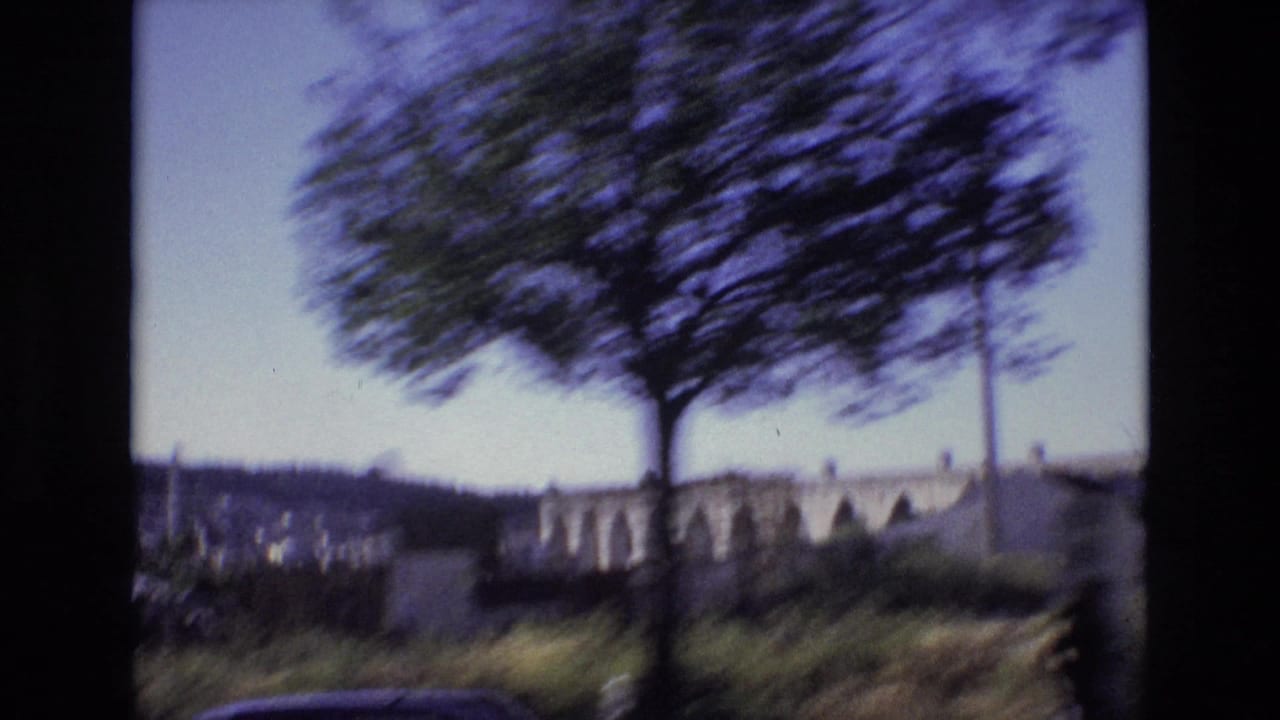 Portugal 1972 travel frame with a tree in motion blur above a stone aqueduct or arched wall near the roadside.