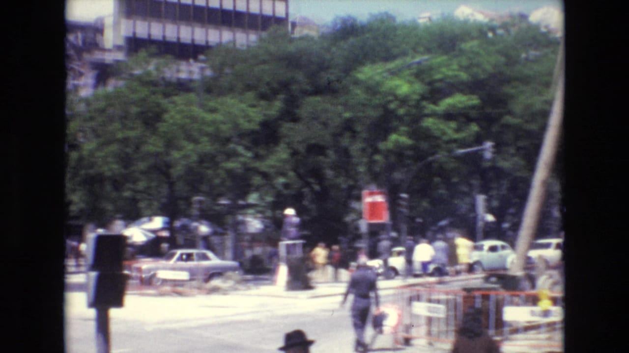 Busy intersection with pedestrians, cars, street trees, barriers, and a red street sign.