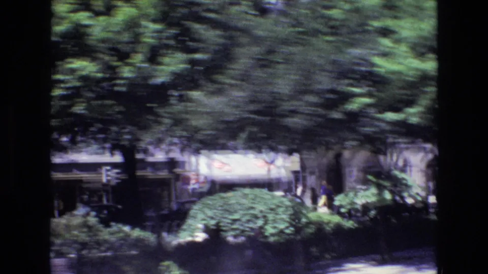 Brief blurred 1972 Portugal home-movie pan through roadside foliage, with trees, shrubs, and partial street activity visible beyond the greenery.