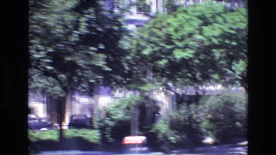 1972 Portugal 8mm frame from a moving vehicle showing leafy street trees, parked cars, and an apartment facade in bright sun.
