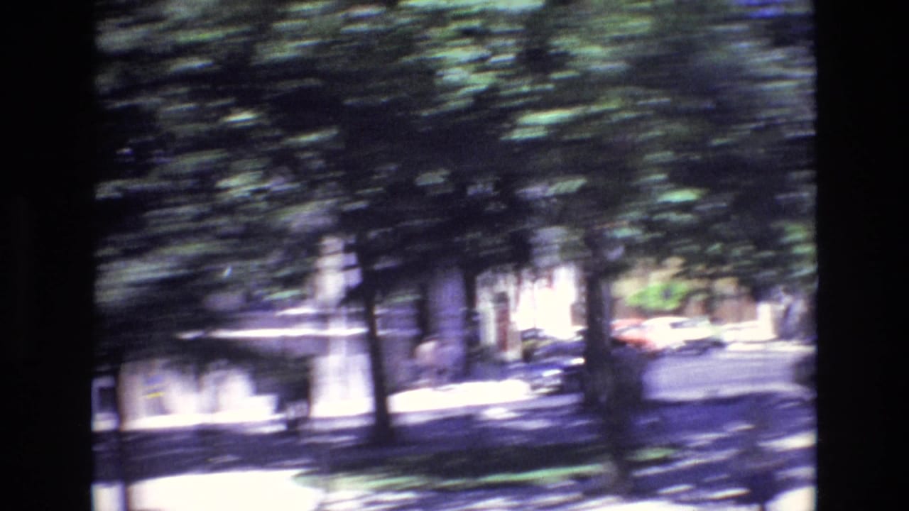 A moving 8mm view in Portugal in 1972 appears to pass trees and parked cars along a bright urban street, with heavy motion blur across the frame.
