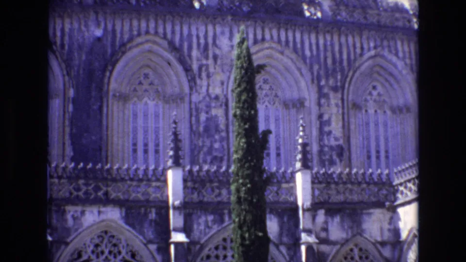 Close 8mm view of a Portugal religious facade, showing pointed arches, ornate stonework, and a cypress tree crossing the center of the frame.