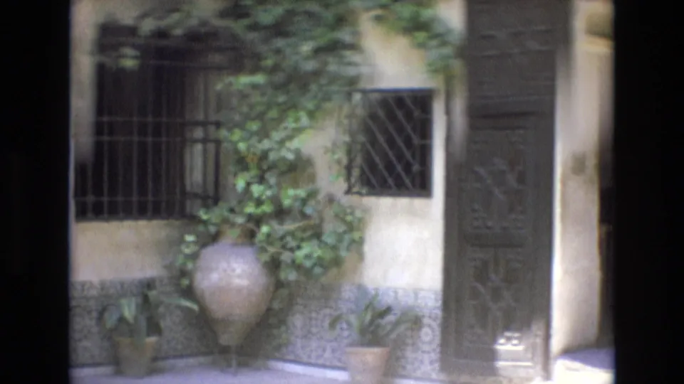 1972 Spain 8mm frame showing a courtyard corner with barred windows, climbing ivy, large and small potted plants, patterned tilework, and a carved wooden door.