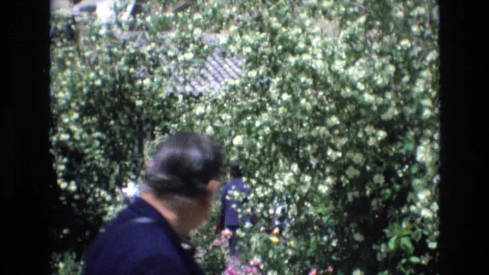 In this Spain 1972 home-movie frame, a tourist seen from behind moves through shade while leafy trees and part of a tiled-roof building fill the background.