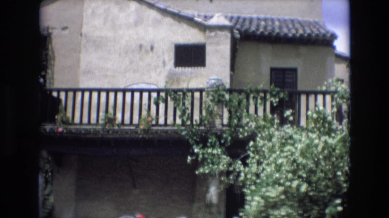 Sunlit building facade with tiled roof, balcony railing, vines, and trees.