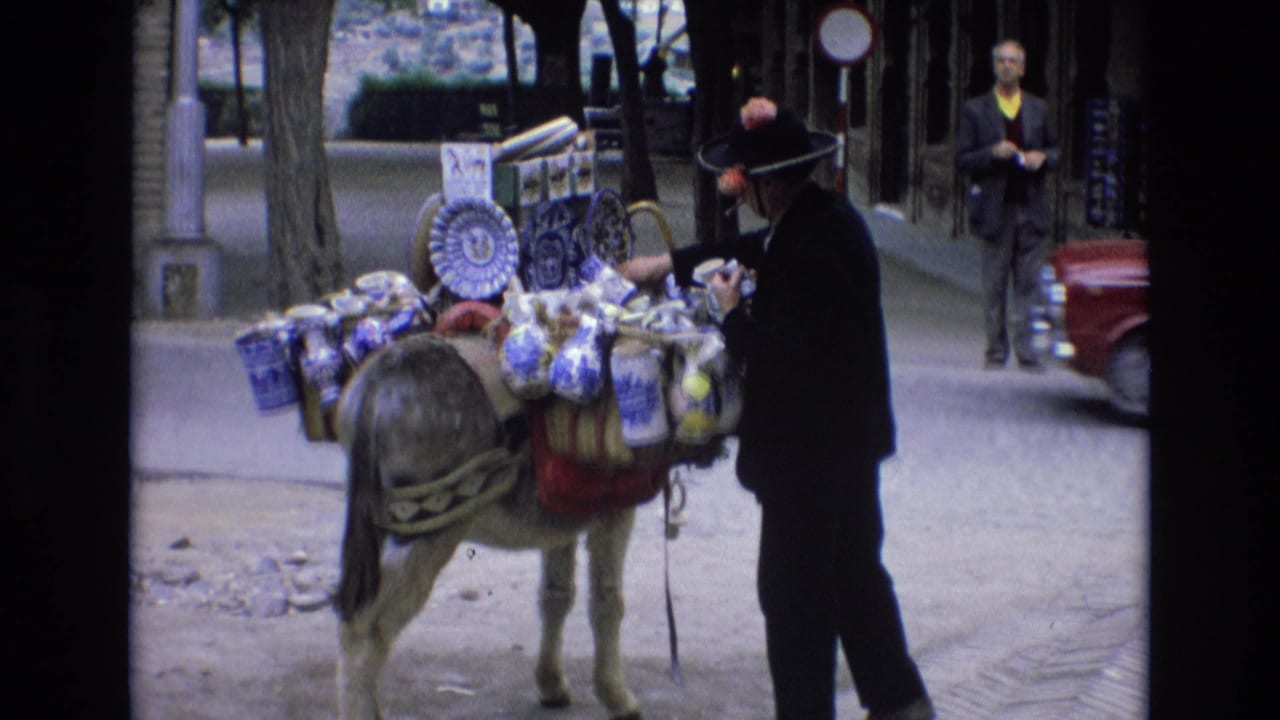 Donkey loaded with goods stands near a vendor as a red car passes behind them.