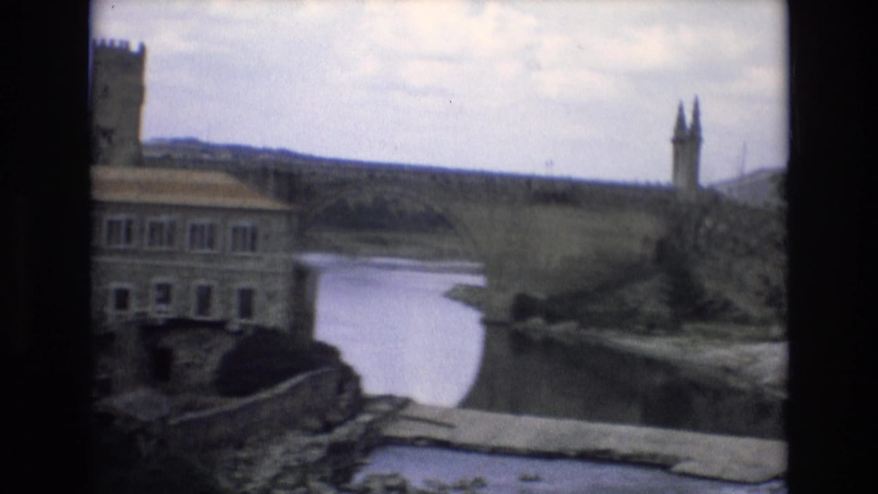 River bend with waterside building, bridge, and fortified walls beyond.