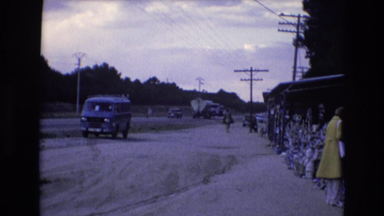 Roadside view with a blue van, distant traffic, utility poles, and a woman beside a stall.
