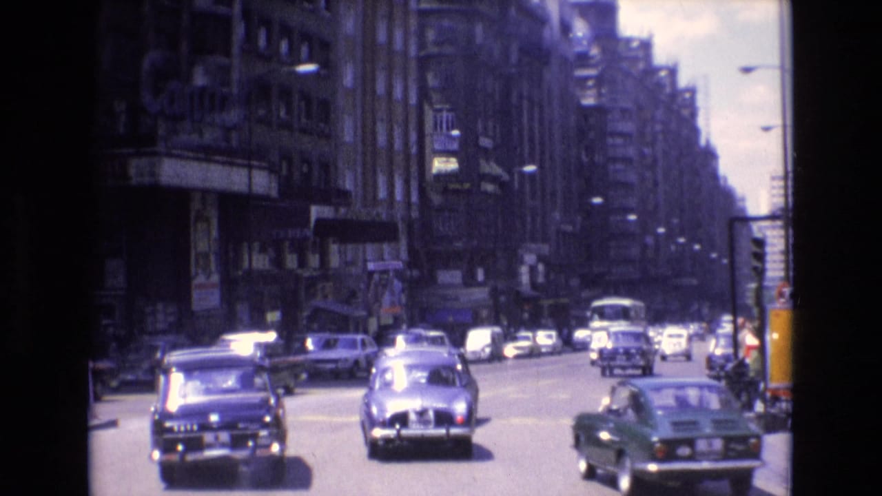 Cars and a bus travel along a sunlit avenue with buildings on both sides.