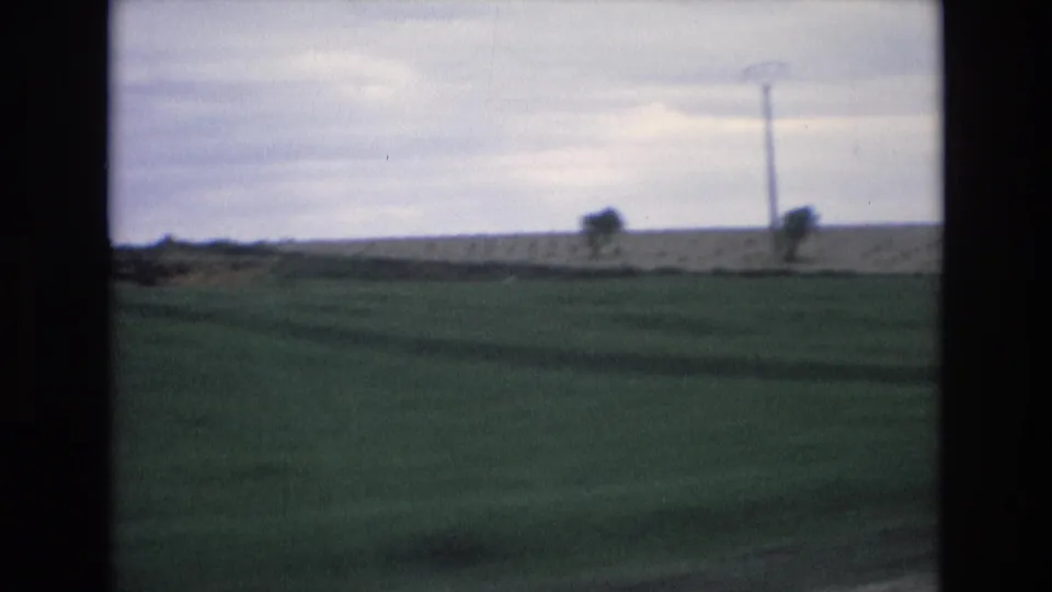 1972 Spain 8mm frame from a moving vehicle showing a green field, distant utility pole, scattered trees, and a grey overcast sky.