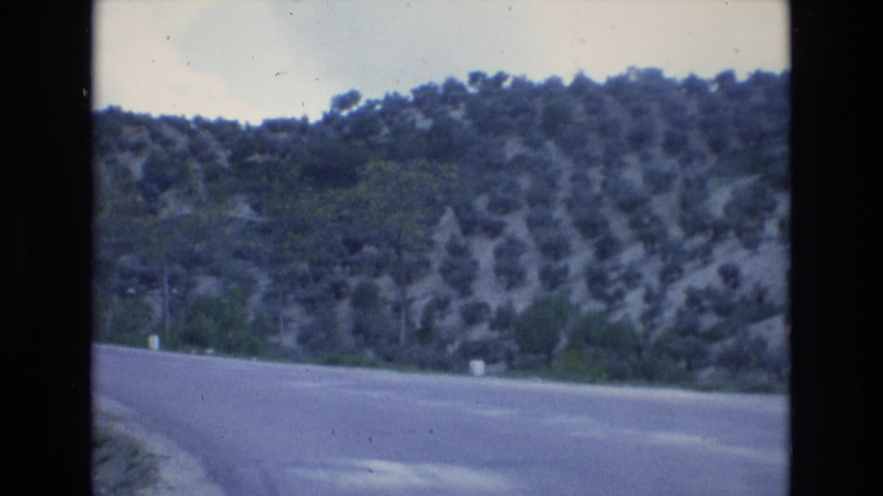 Curving asphalt road below a tree-covered rocky hillside.
